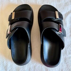 Alexander McQueen Black Leather Double-Strap Slide Sandals